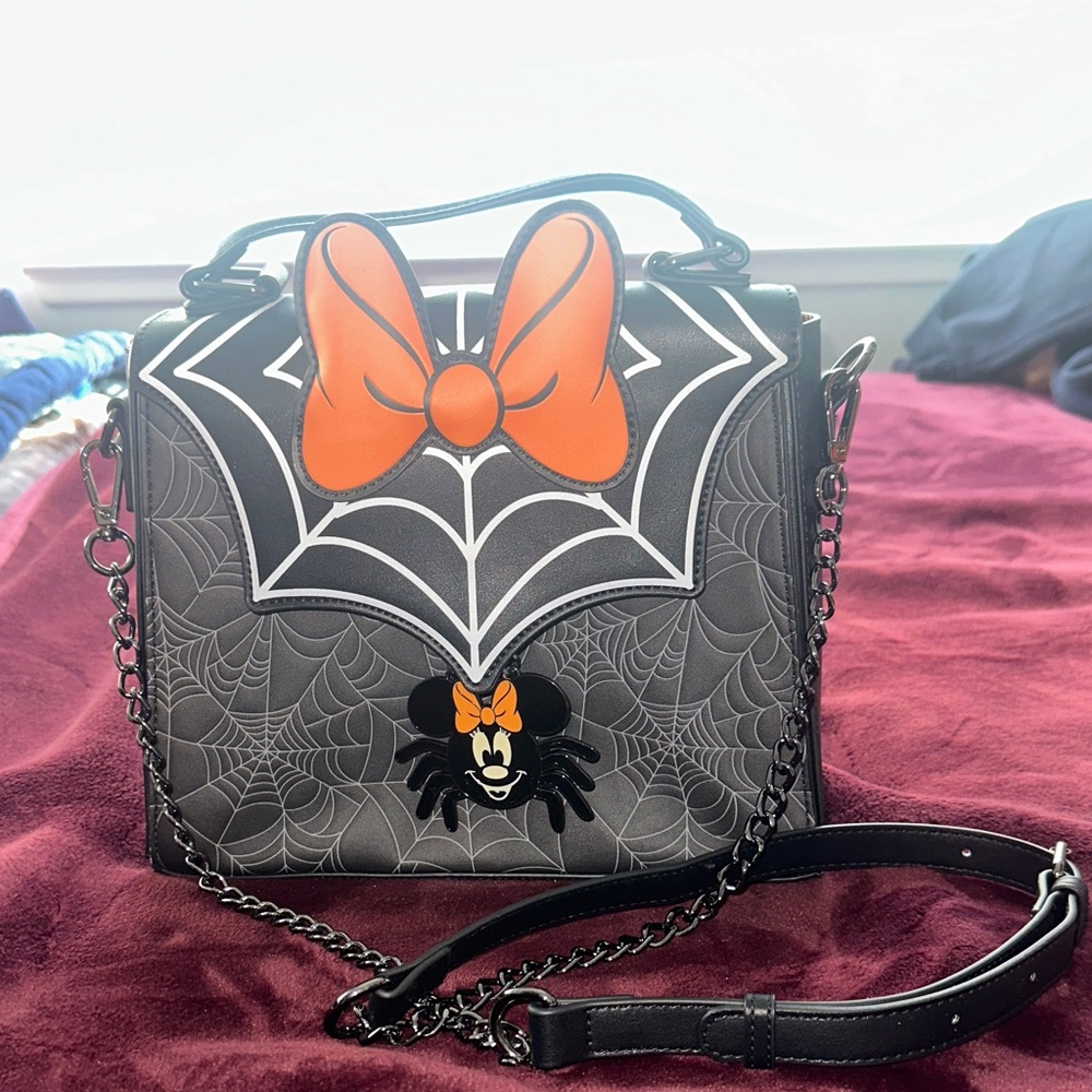 Disney Loungefly Halloween Minnie Spider Web Handbag - Black And Orange
